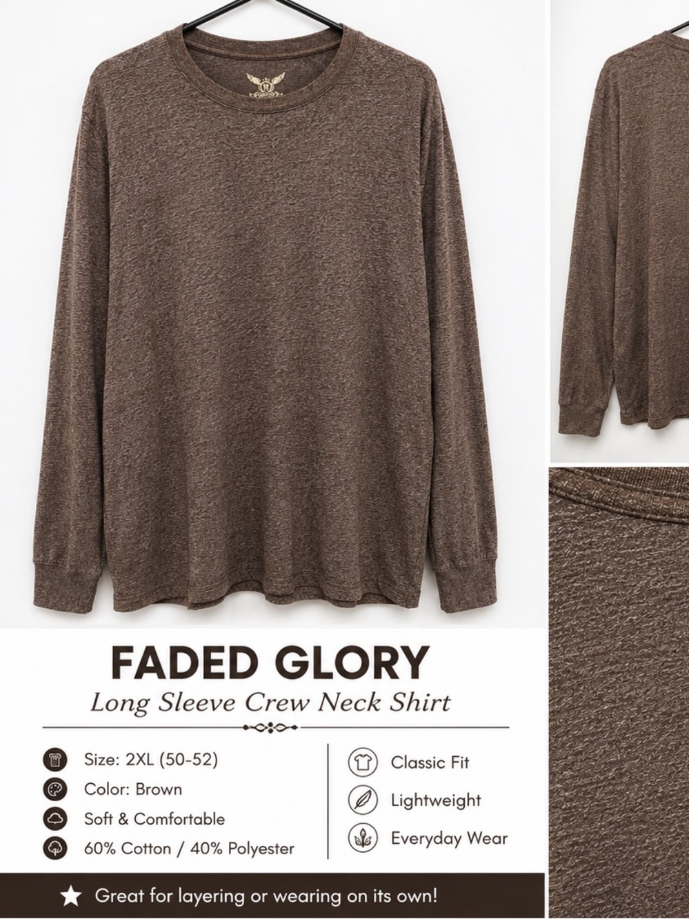 Faded Glory Brown Long Sleeve Crew Neck Shirt